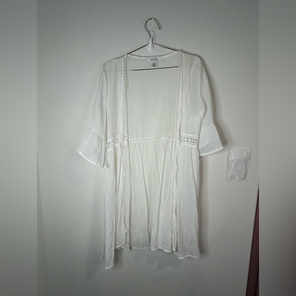 LIFE Love Is For Eternity White Boho Kimono Cover Up Cardigan Crochet Trim Med
